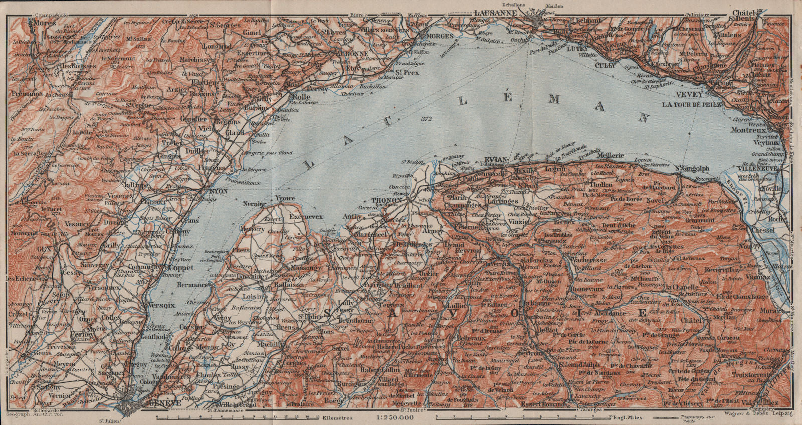 LAKE GENEVA/LAC LÉMAN. St Cergue Chatel St Jean d'Aulph Lausanne Evian 1911 map